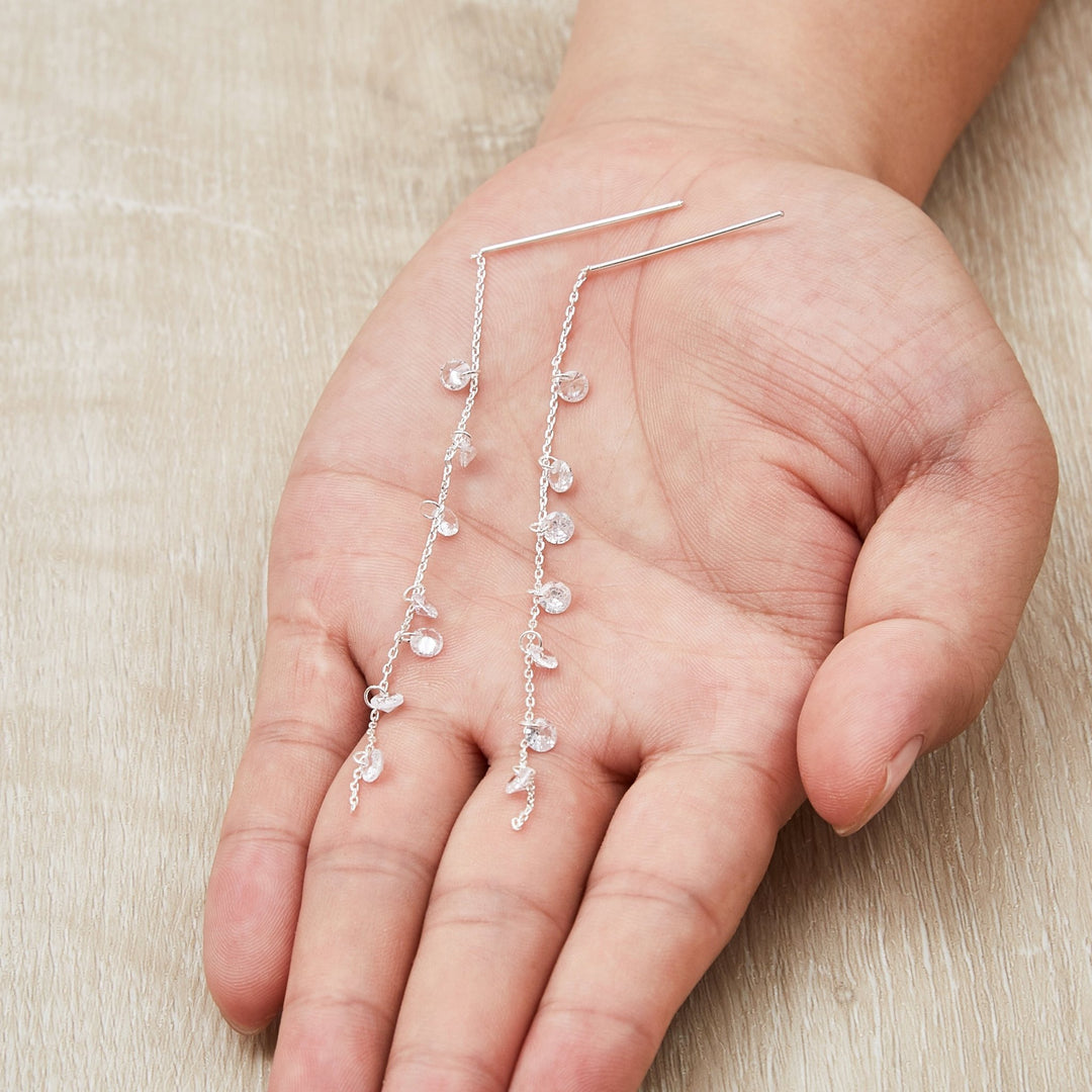Silver Plated Dangle Thread Earrings Created with Zircondia® Crystals - Philip Jones Jewellery