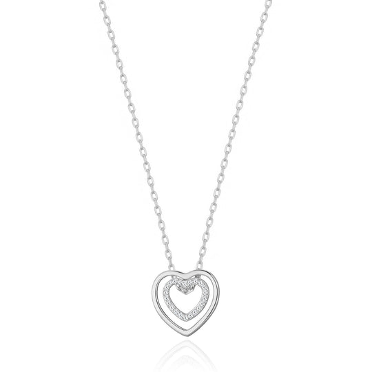Silver Plated Double Heart Necklace Created with Zircondia® Crystals - Philip Jones Jewellery