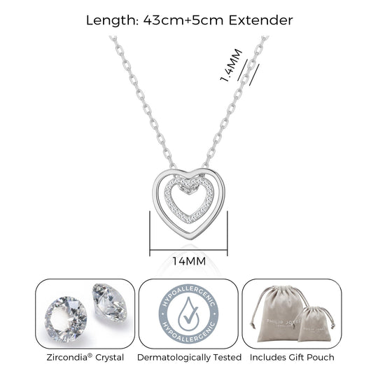 Silver Plated Double Heart Necklace Created with Zircondia® Crystals - Philip Jones Jewellery