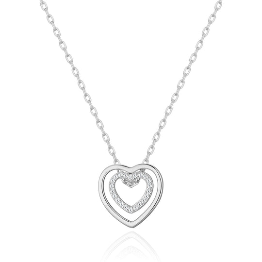 Silver Plated Double Heart Necklace Created with Zircondia® Crystals - Philip Jones Jewellery