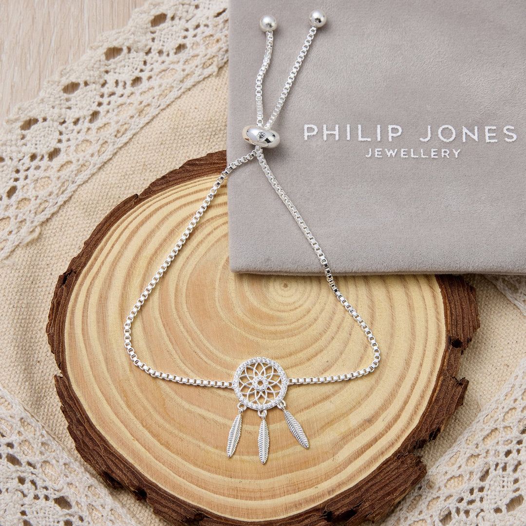 Silver Plated Dream Catcher Friendship Bracelet Created with Zircondia® Crystals - Philip Jones Jewellery
