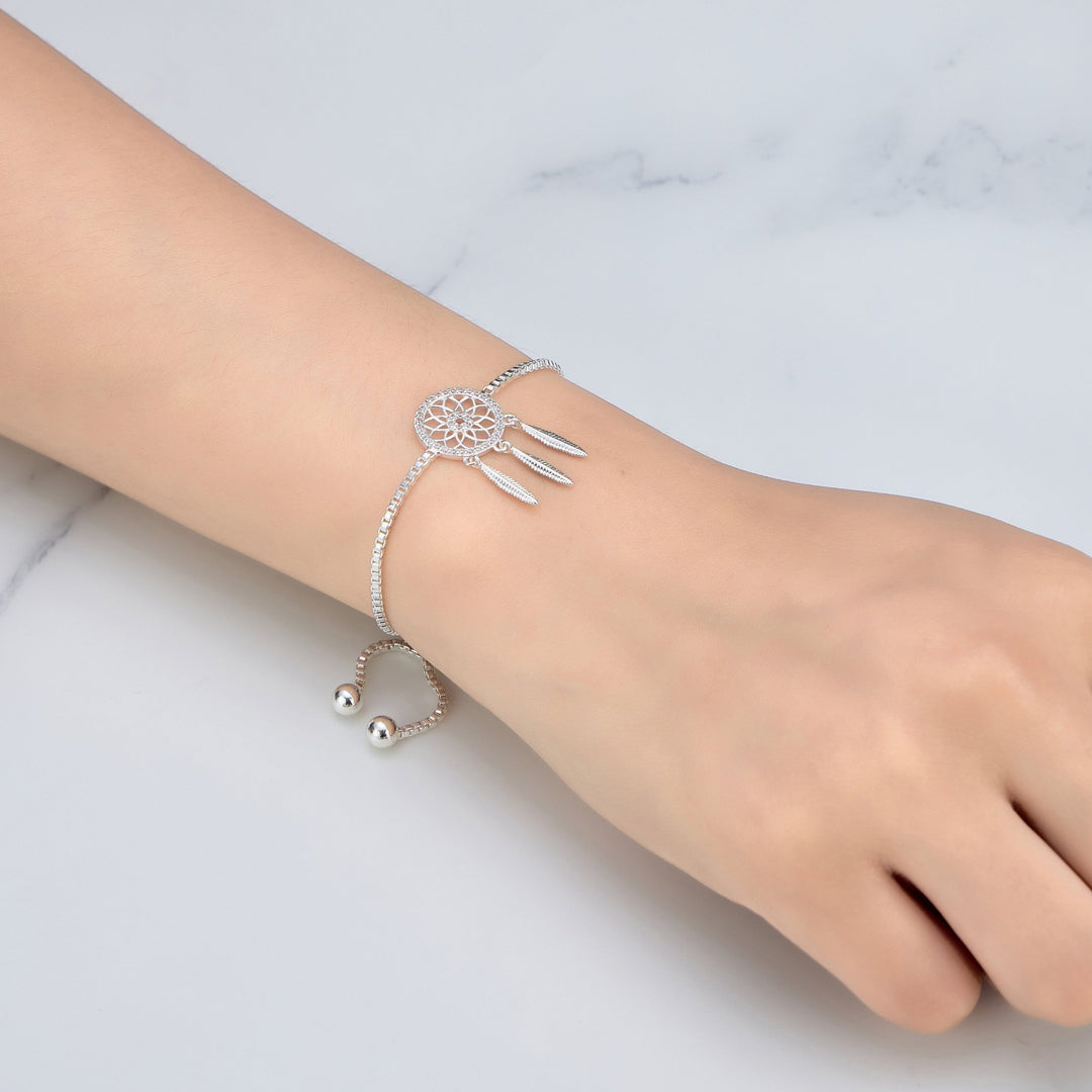 Silver Plated Dream Catcher Friendship Bracelet Created with Zircondia® Crystals - Philip Jones Jewellery