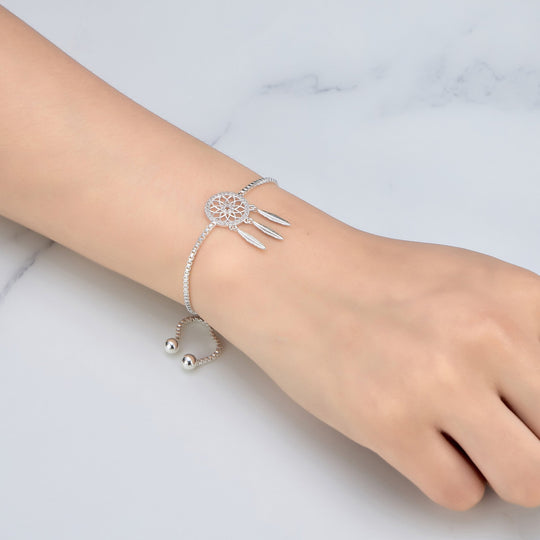 Silver Plated Dream Catcher Friendship Bracelet Created with Zircondia® Crystals - Philip Jones Jewellery