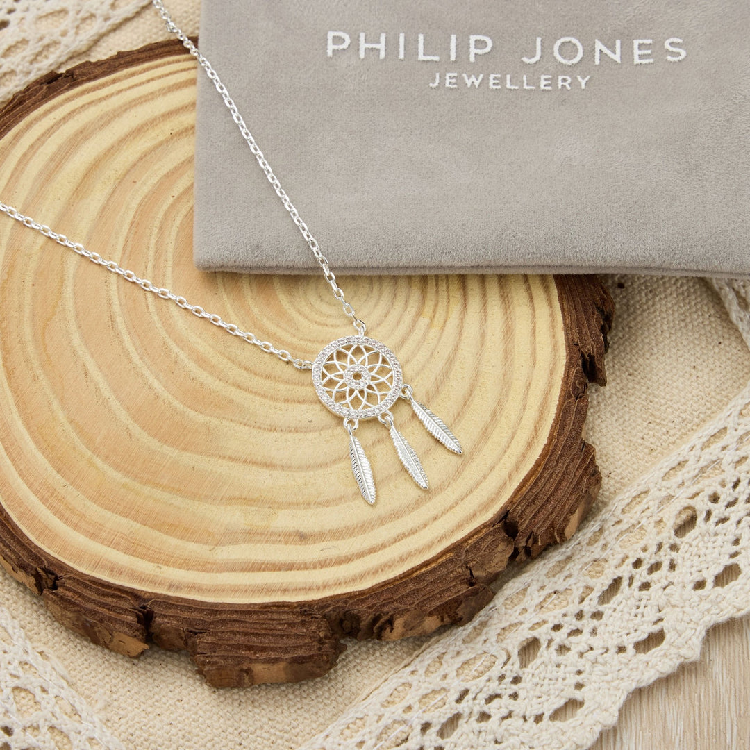 Silver Plated Dream Catcher Necklace Created with Zircondia® Crystals - Philip Jones Jewellery