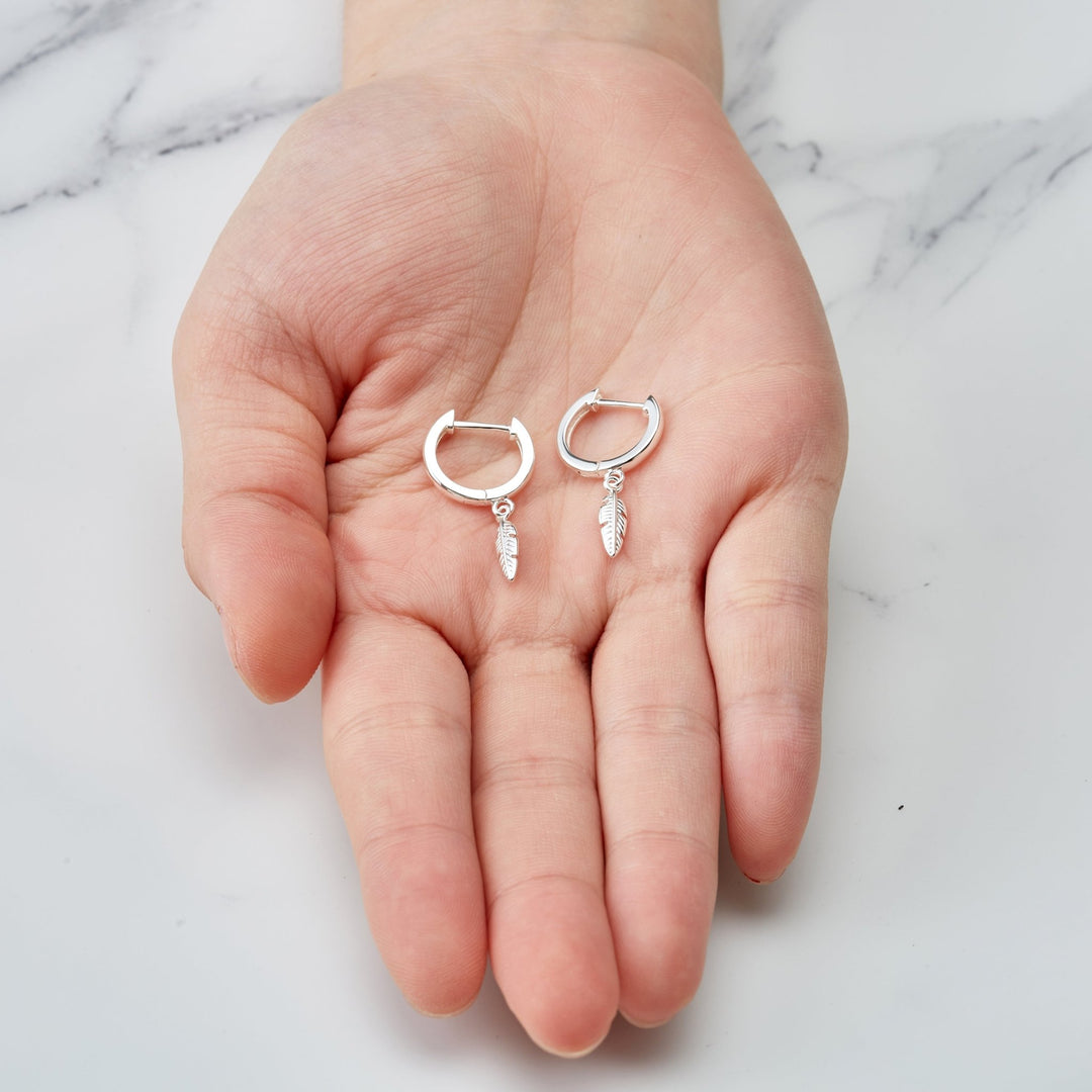 Silver Plated Feather Charm Hoop Earrings - Philip Jones Jewellery