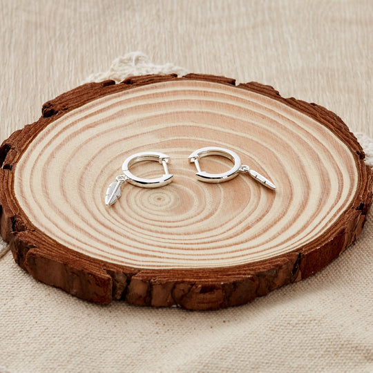 Silver Plated Feather Charm Hoop Earrings - Philip Jones Jewellery