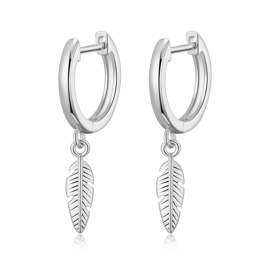 Silver Plated Feather Charm Hoop Earrings - Philip Jones Jewellery