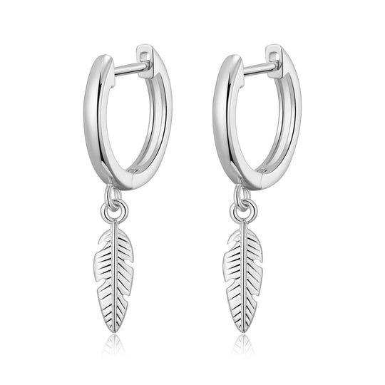 Silver Plated Feather Charm Hoop Earrings - Philip Jones Jewellery