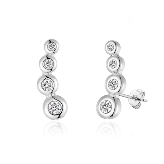 Silver Plated Four Stone Climber Earrings Created With Zircondia® Crystals - Philip Jones Jewellery