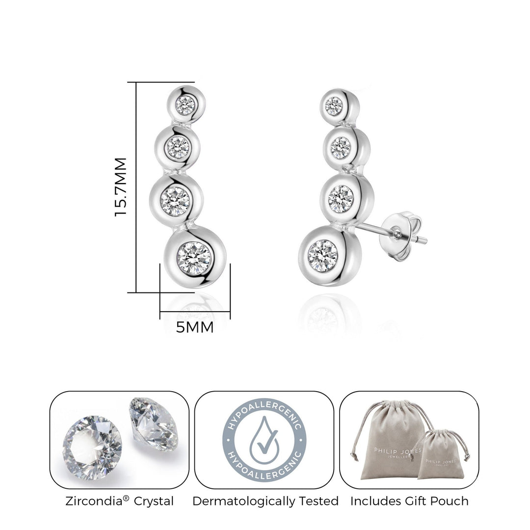 Silver Plated Four Stone Climber Earrings Created With Zircondia® Crystals - Philip Jones Jewellery