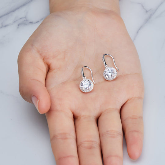 Silver Plated Halo Drop Earrings Created with Zircondia® Crystals - Philip Jones Jewellery