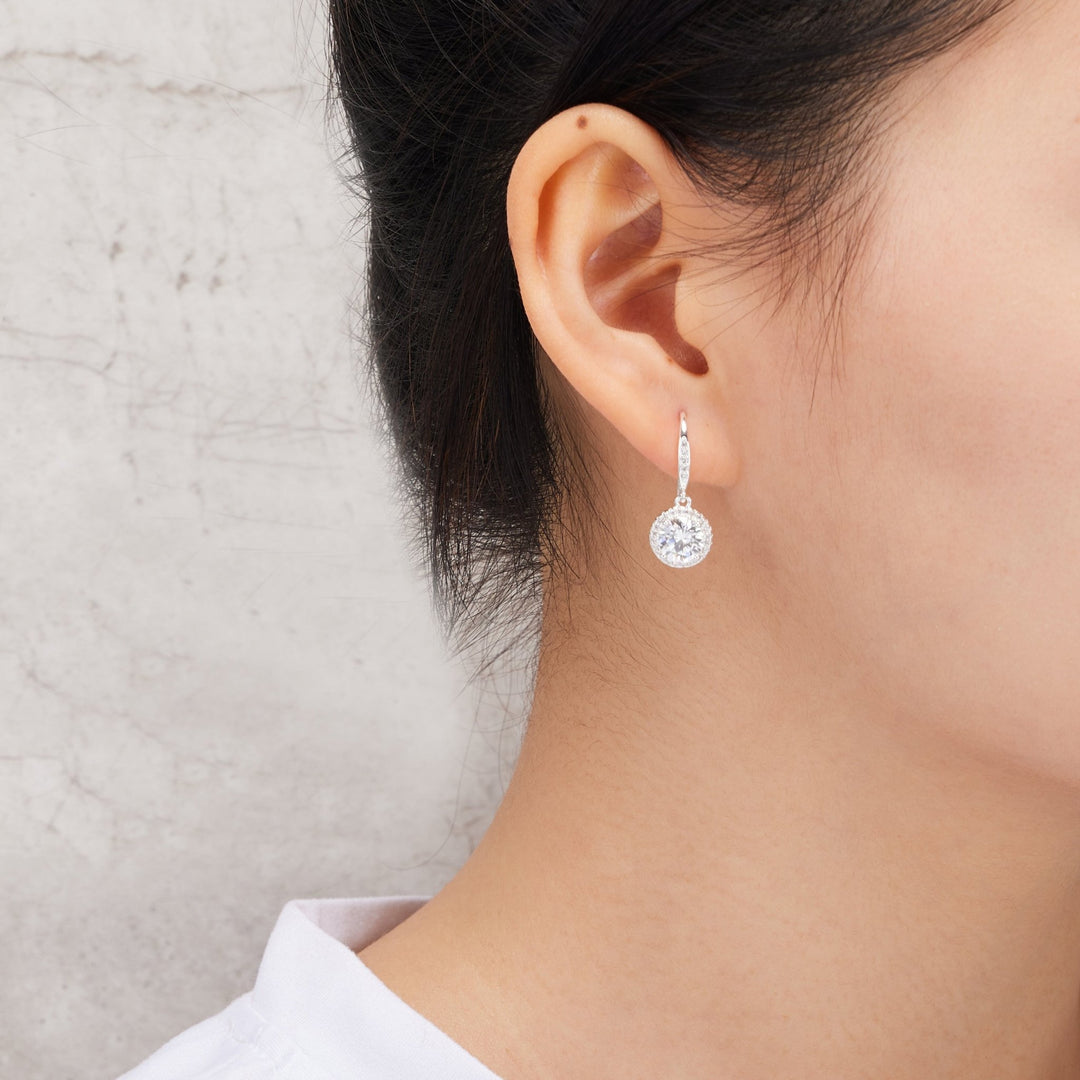 Silver Plated Halo Drop Earrings Created with Zircondia® Crystals - Philip Jones Jewellery