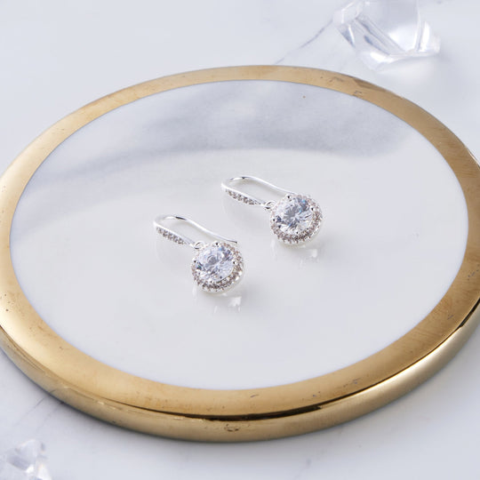 Silver Plated Halo Drop Earrings Created with Zircondia® Crystals - Philip Jones Jewellery