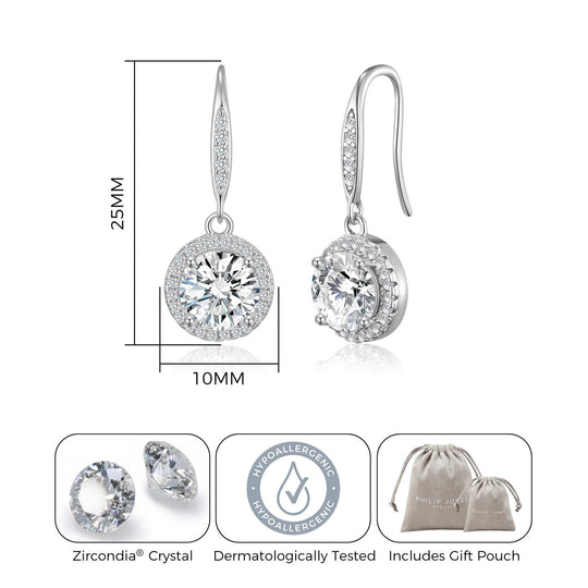 Silver Plated Halo Drop Earrings Created with Zircondia® Crystals - Philip Jones Jewellery