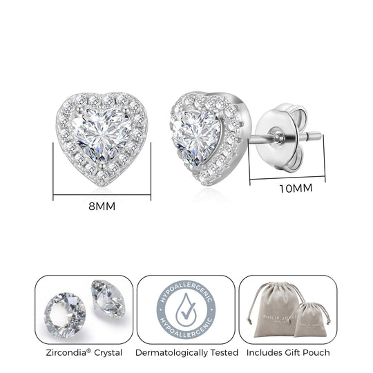 Silver Plated Heart Halo Earrings Created with Zircondia® Crystals - Philip Jones Jewellery
