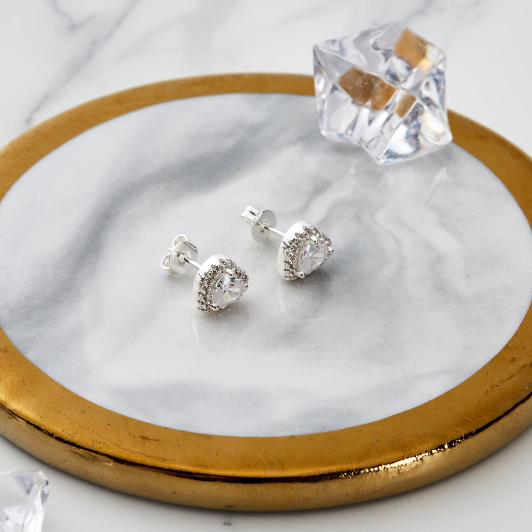 Silver Plated Heart Halo Earrings Created with Zircondia® Crystals - Philip Jones Jewellery