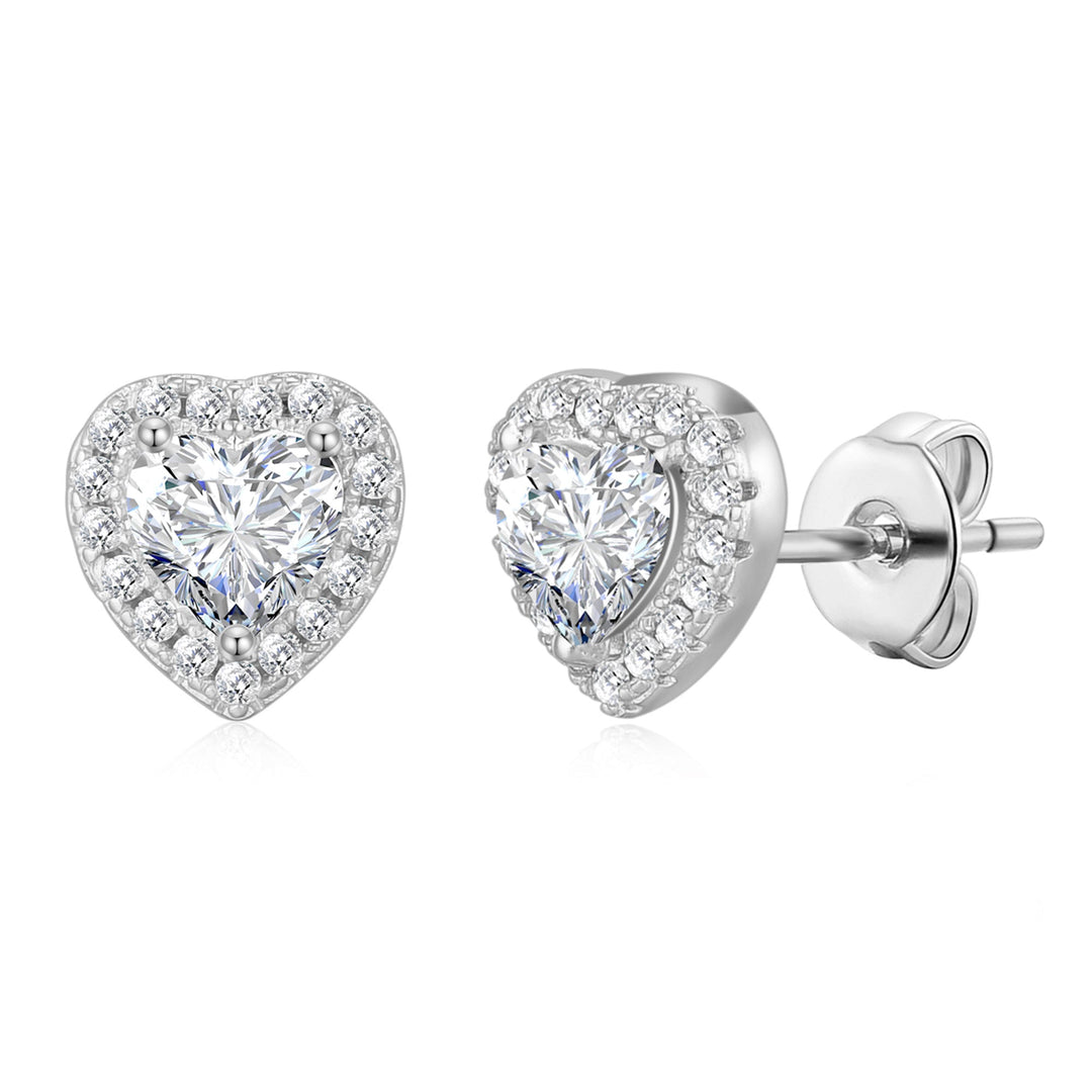 Silver Plated Heart Halo Earrings Created with Zircondia® Crystals - Philip Jones Jewellery