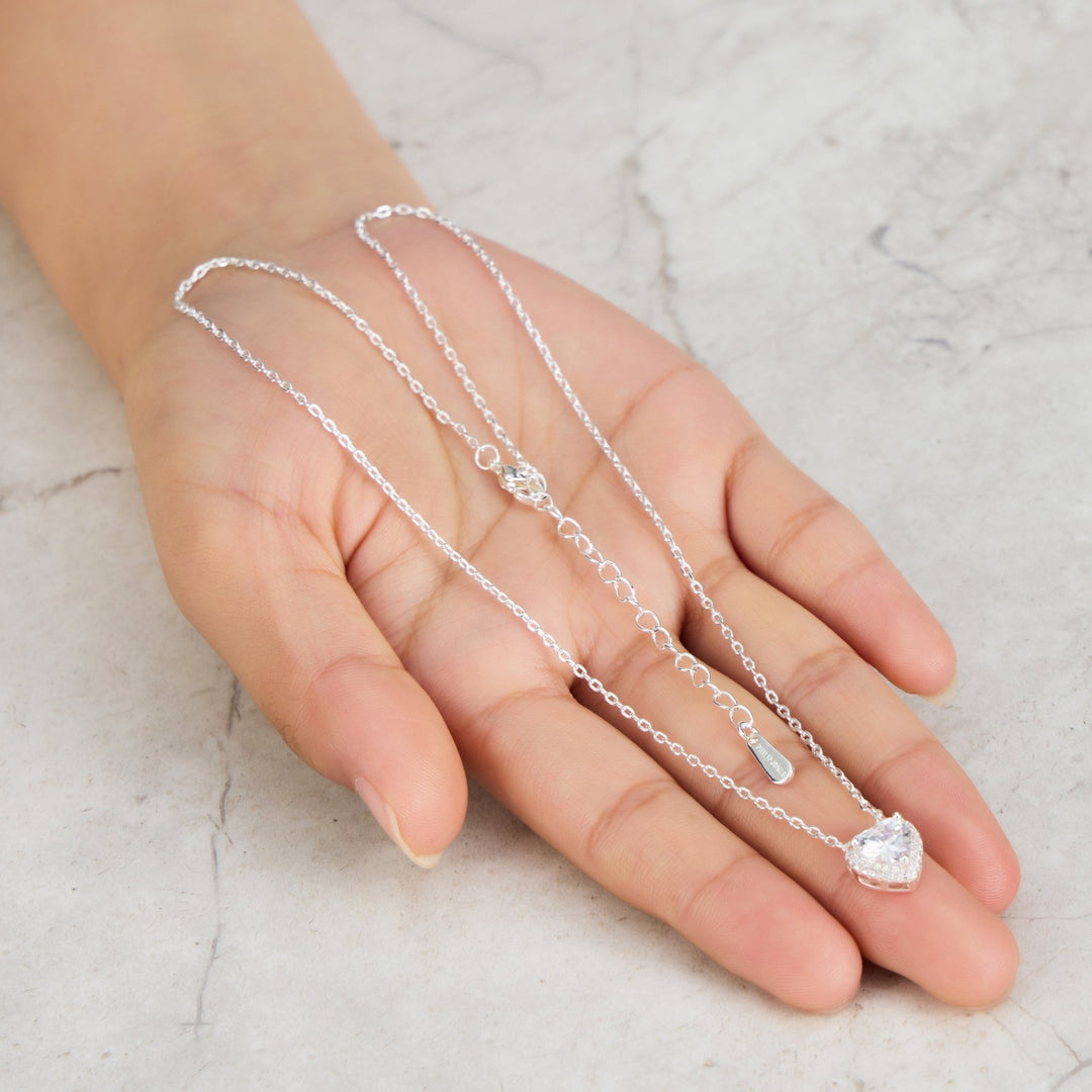Silver Plated Heart Halo Necklace Created with Zircondia® Crystals - Philip Jones Jewellery