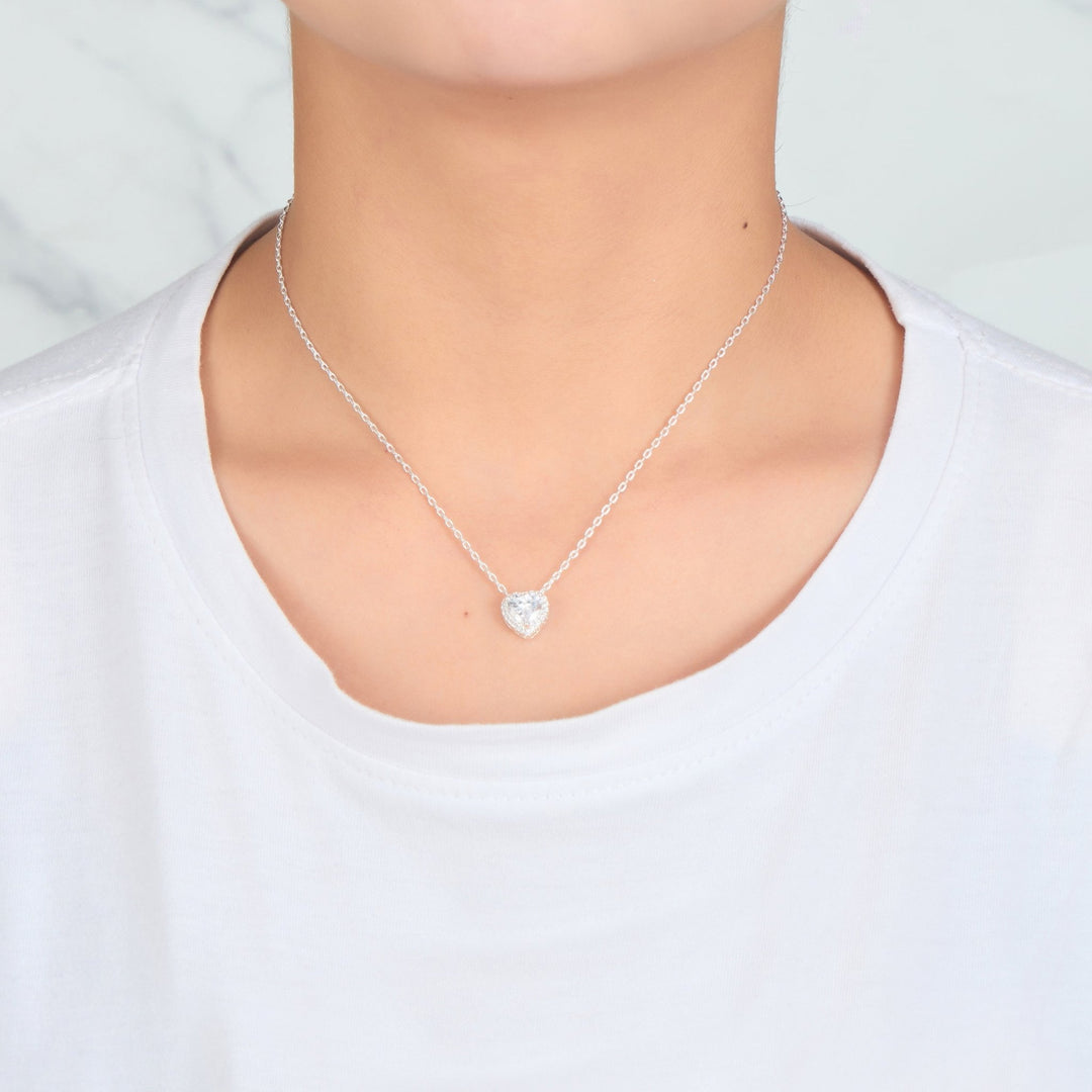 Silver Plated Heart Halo Necklace Created with Zircondia® Crystals - Philip Jones Jewellery