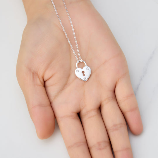 Silver Plated Heart Padlock Necklace Created with Zircondia® Crystals - Philip Jones Jewellery