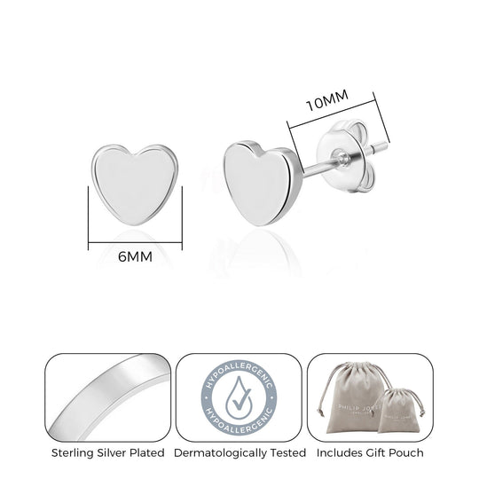 Silver Plated Heart Stud Earrings - Philip Jones Jewellery