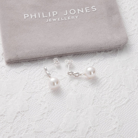 Silver Plated I Couldn't Say I Do Without You Infinity Pearl Drop Earrings with Zircondia® Crystals - Philip Jones Jewellery