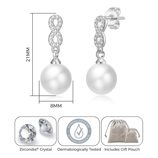 Silver Plated I Couldn't Say I Do Without You Infinity Pearl Drop Earrings with Zircondia® Crystals - Philip Jones Jewellery