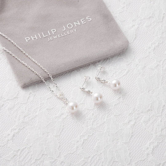 Silver Plated I Couldn't Say I Do Without You Infinity Pearl Drop Set with Zircondia® Crystals - Philip Jones Jewellery