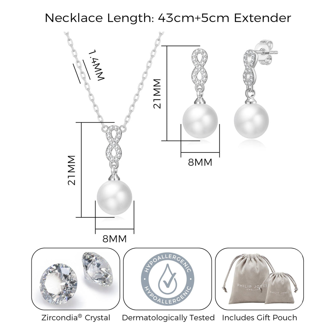 Silver Plated I Couldn't Say I Do Without You Infinity Pearl Drop Set with Zircondia® Crystals - Philip Jones Jewellery