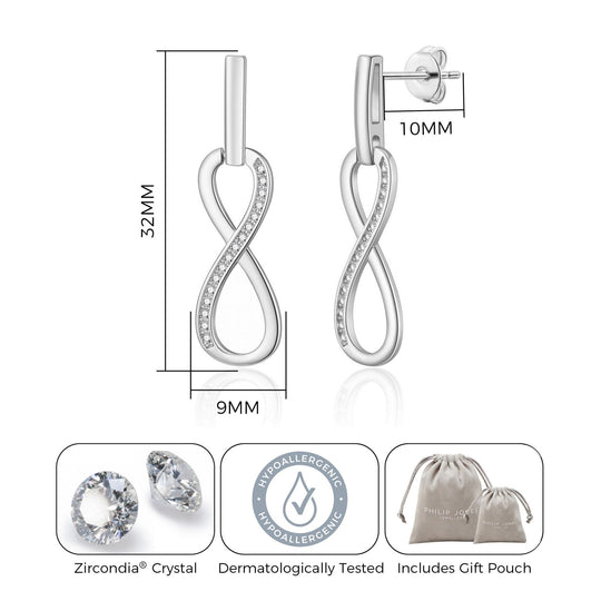 Silver Plated Infinity Drop Earrings Created with Zircondia® Crystals - Philip Jones Jewellery