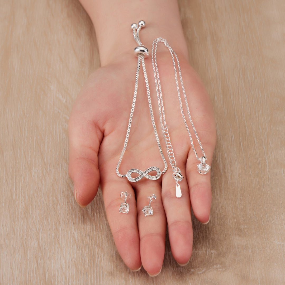 Silver Plated Infinity Friendship Set Created with Zircondia® Crystals - Philip Jones Jewellery