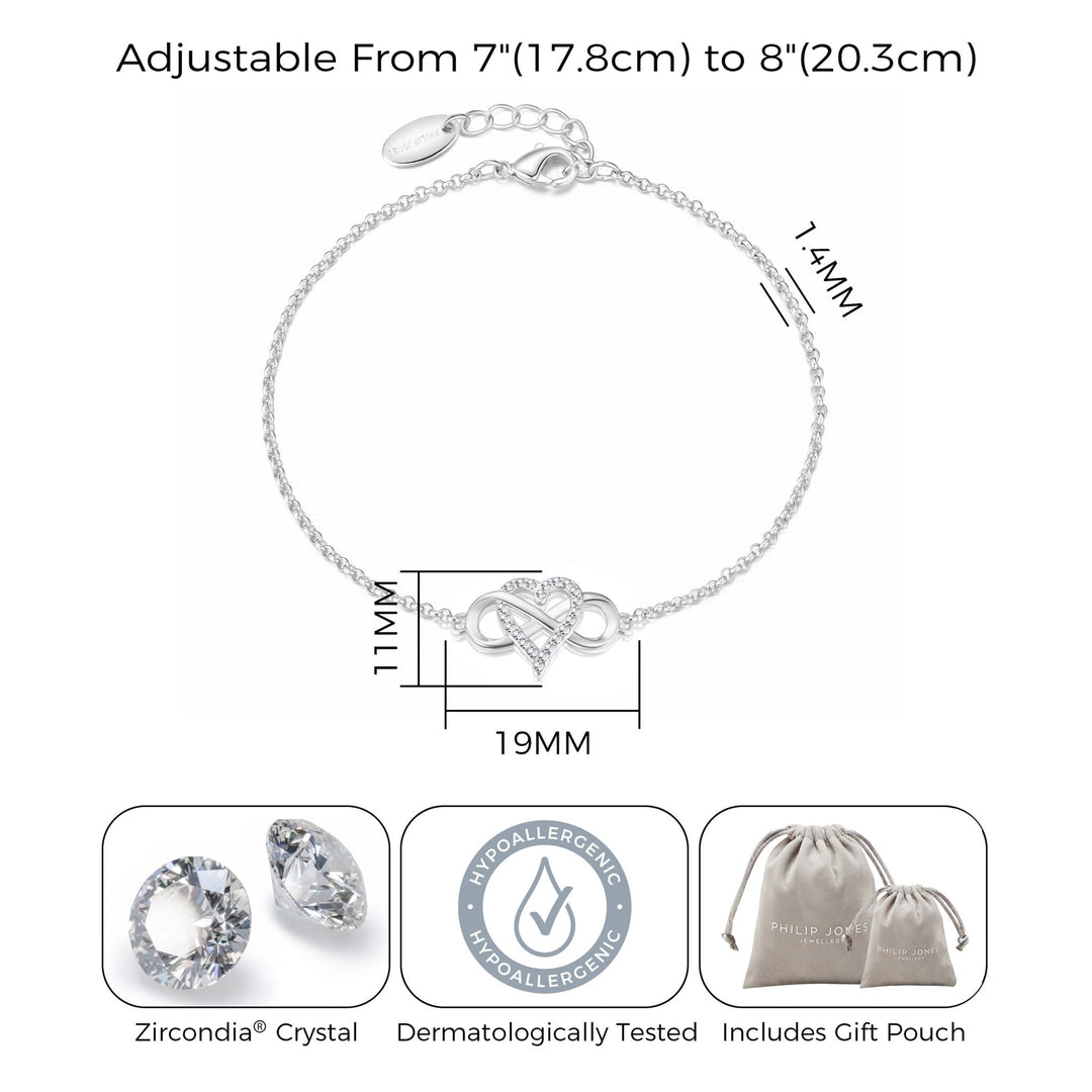 Silver Plated Infinity Heart Bracelet Created with Zircondia® Crystals - Philip Jones Jewellery