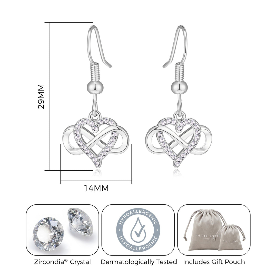 Silver Plated Infinity Heart Drop Earrings Created with Zircondia® Crystals - Philip Jones Jewellery