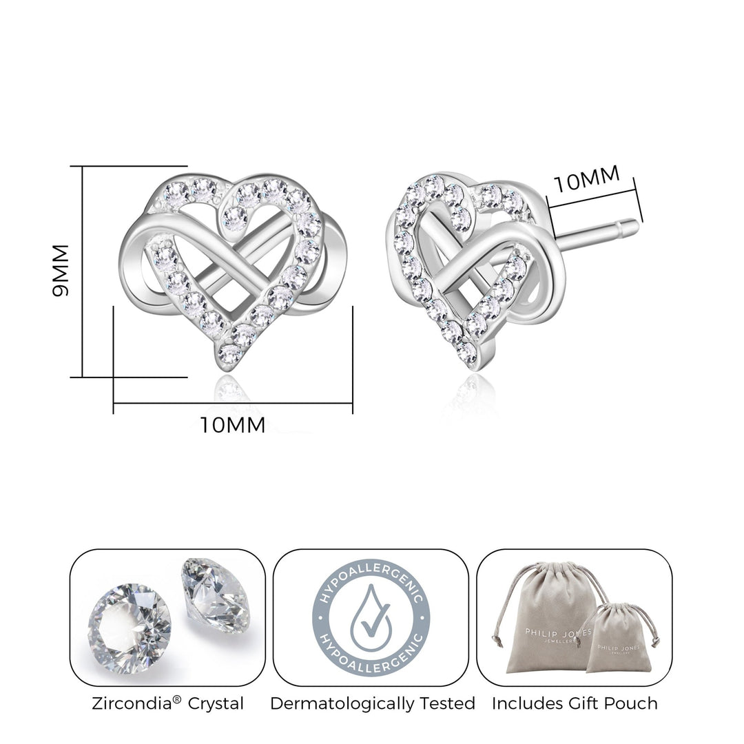 Silver Plated Infinity Heart Stud Earrings Created with Zircondia® Crystals - Philip Jones Jewellery