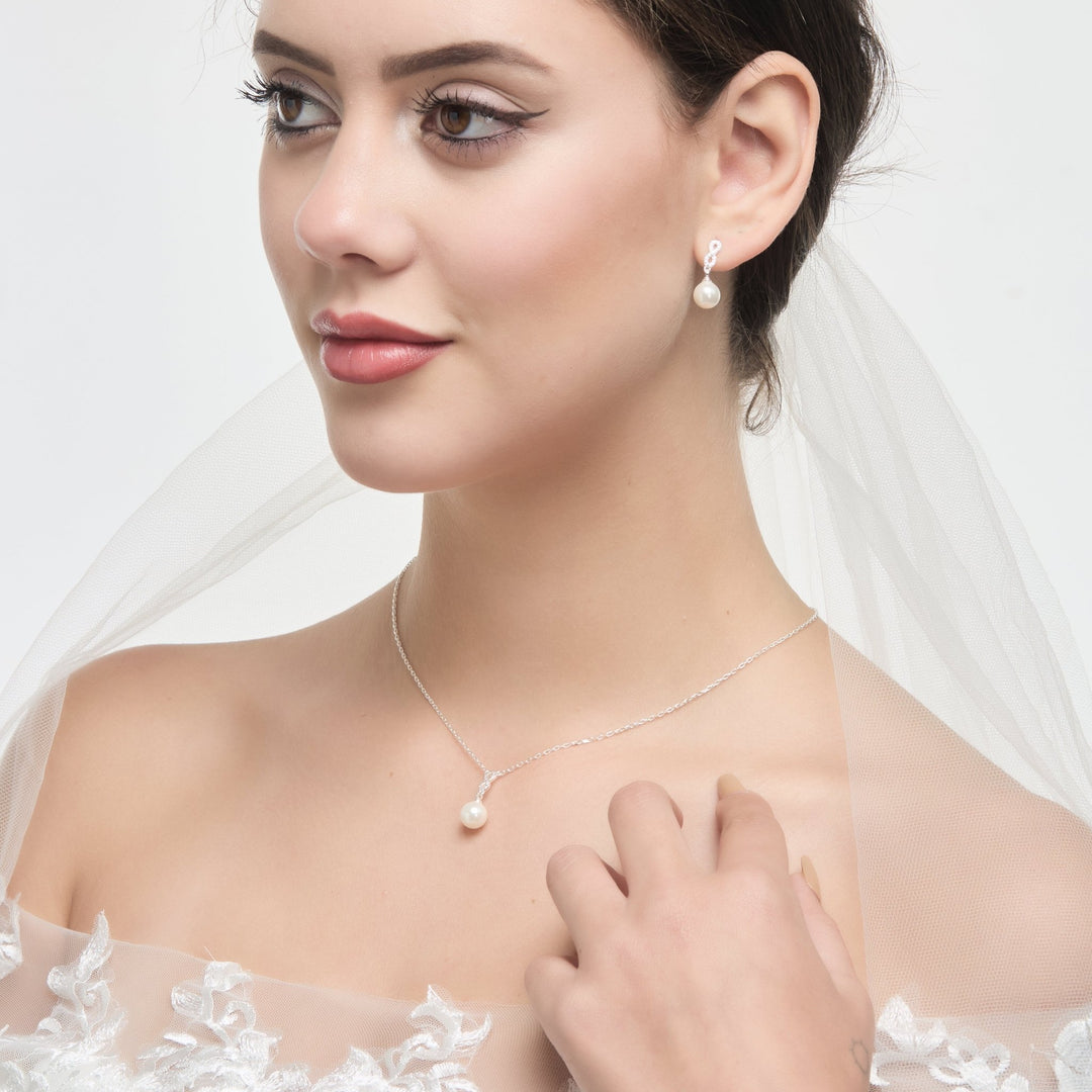 Silver Plated Infinity Pearl Drop Bridal Set Created with Zircondia® Crystals - Philip Jones Jewellery