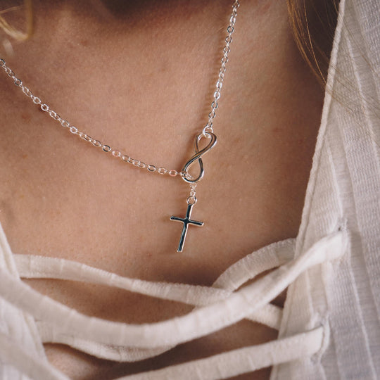 Silver Plated Infinity with Cross Lariat Necklace - Philip Jones Jewellery