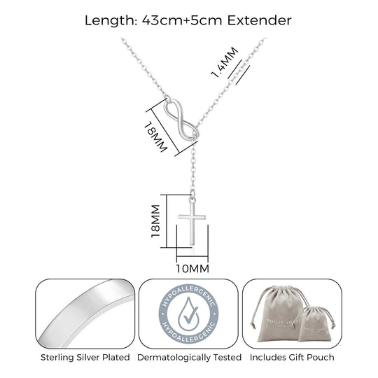 Silver Plated Infinity with Cross Lariat Necklace - Philip Jones Jewellery