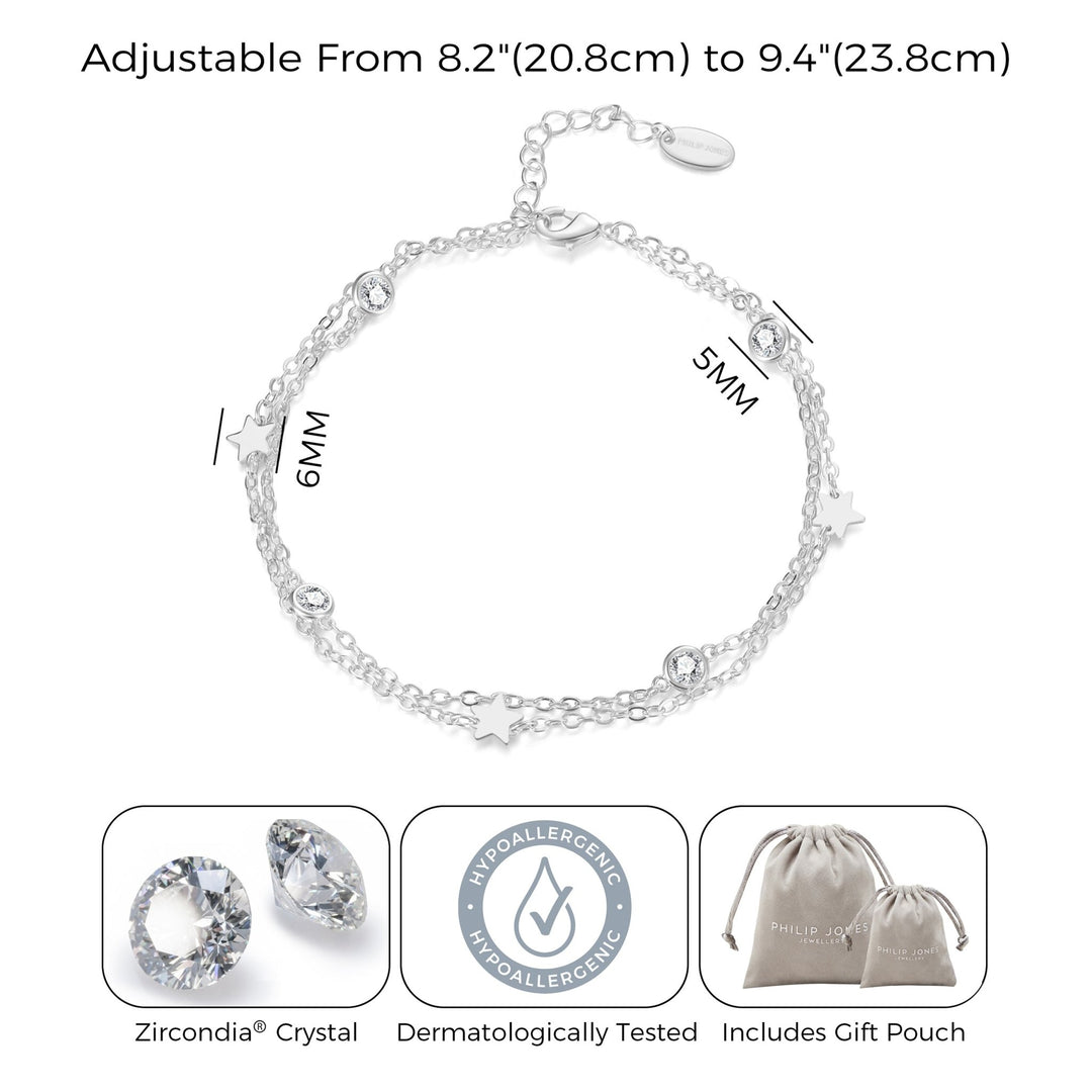 Silver Plated Layered Star Anklet Created with Zircondia® Crystals - Philip Jones Jewellery