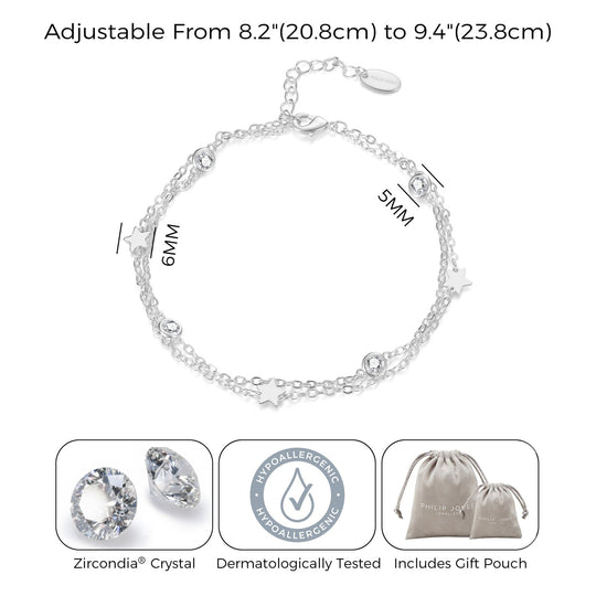 Silver Plated Layered Star Anklet Created with Zircondia® Crystals - Philip Jones Jewellery