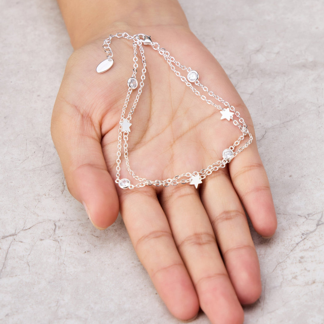 Silver Plated Layered Star Anklet Created with Zircondia® Crystals - Philip Jones Jewellery