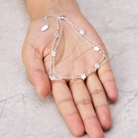 Silver Plated Layered Star Anklet Created with Zircondia® Crystals - Philip Jones Jewellery