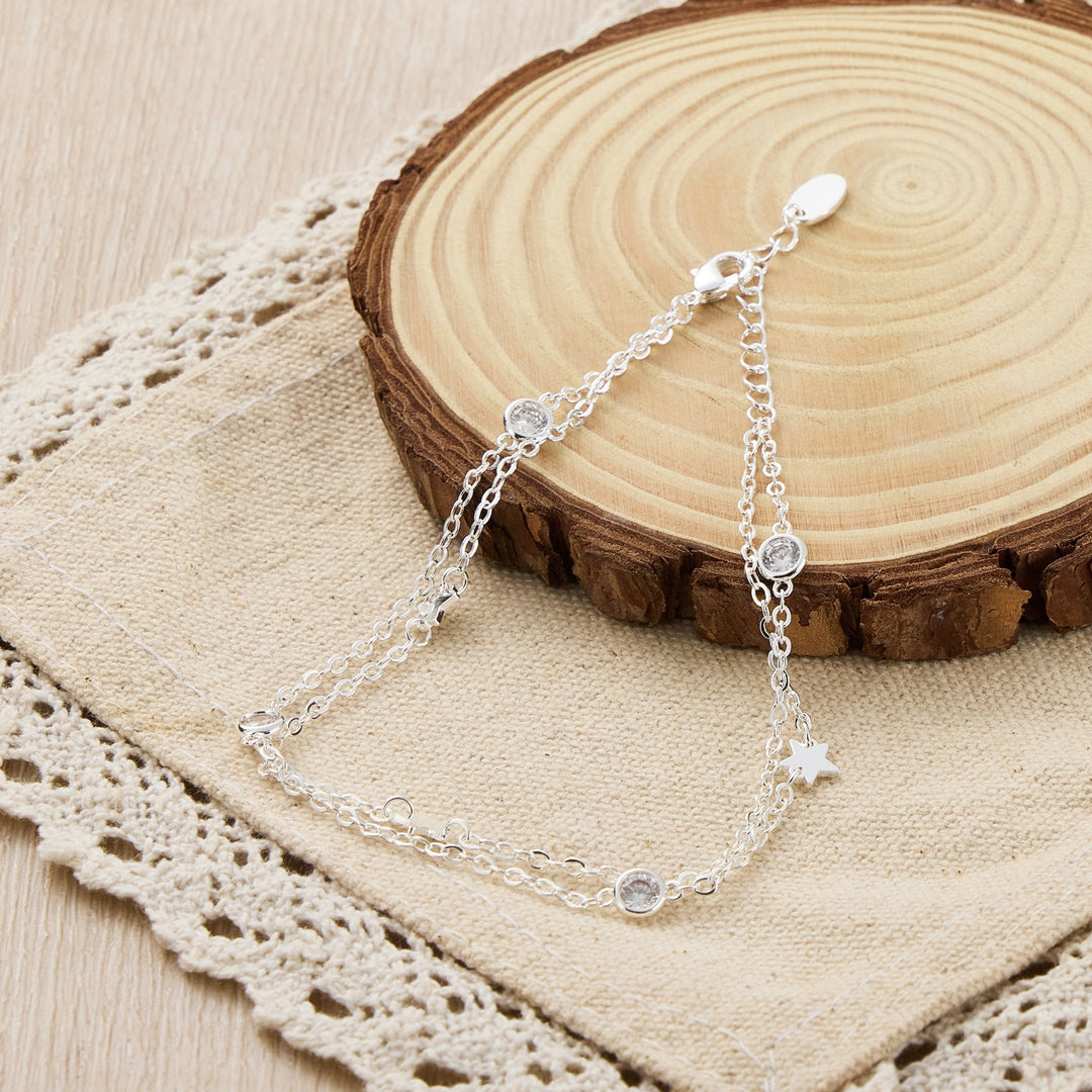 Silver Plated Layered Star Anklet Created with Zircondia® Crystals - Philip Jones Jewellery