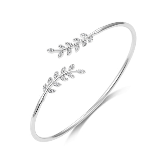 Silver Plated Leaf Bangle Created with Zircondia® Crystals - Philip Jones Jewellery