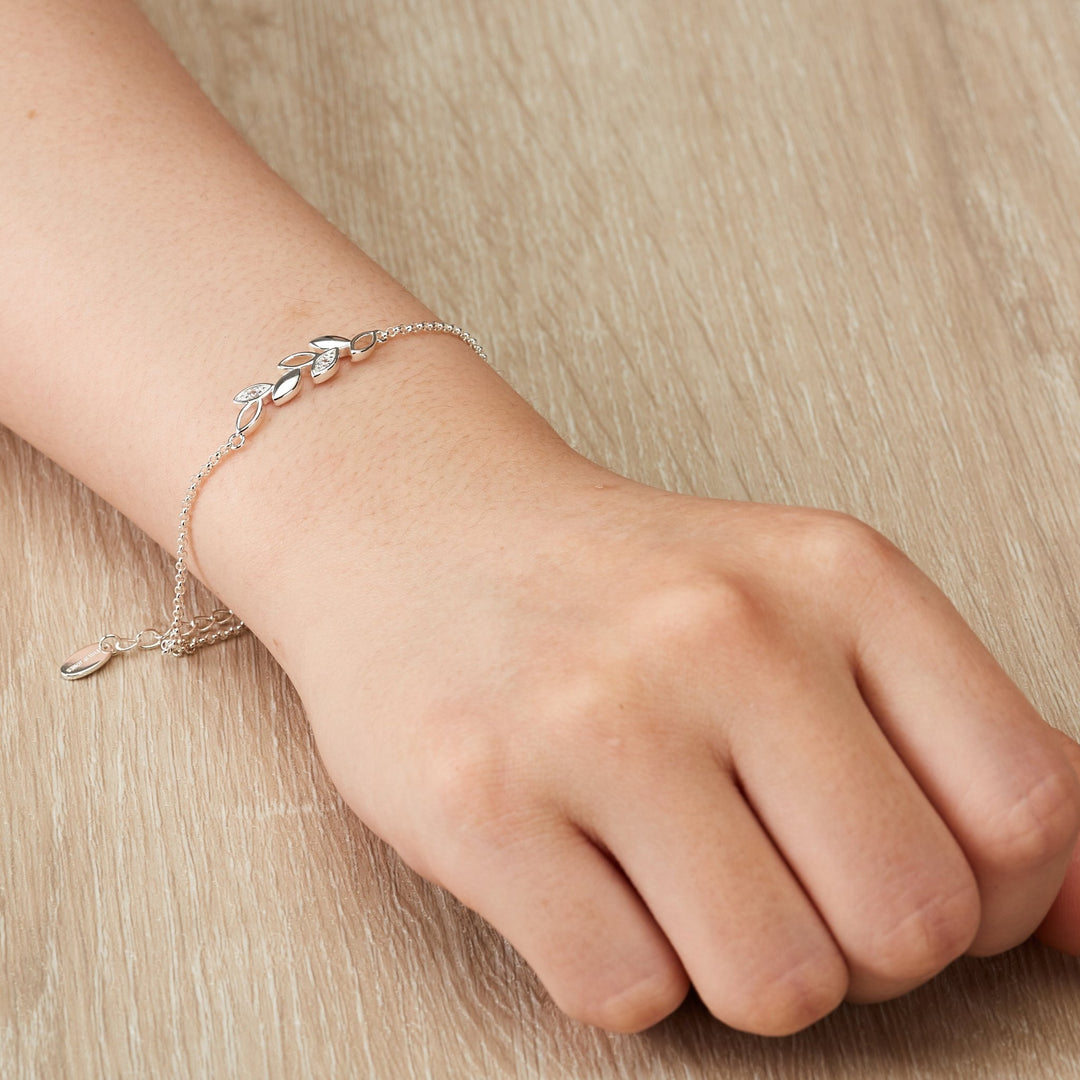 Silver Plated Leaf Chain Bracelet Created with Zircondia® Crystals - Philip Jones Jewellery