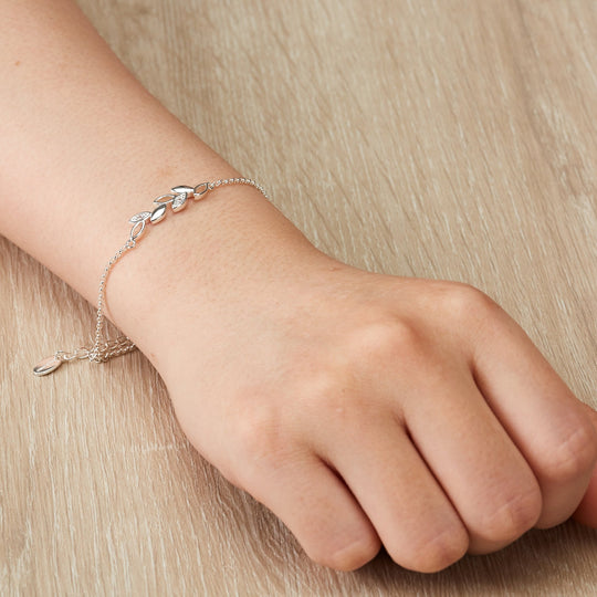 Silver Plated Leaf Chain Bracelet Created with Zircondia® Crystals - Philip Jones Jewellery
