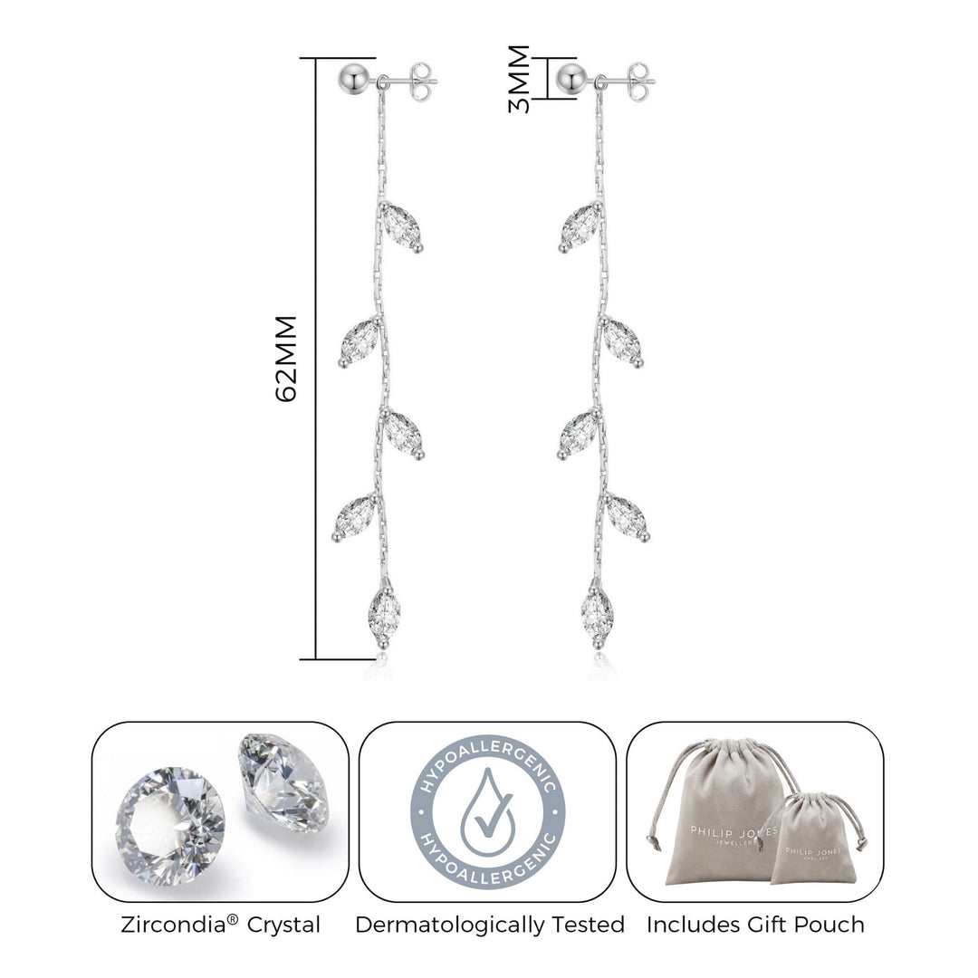 Silver Plated Leaf Dangle Earrings Created with Zircondia® Crystals - Philip Jones Jewellery