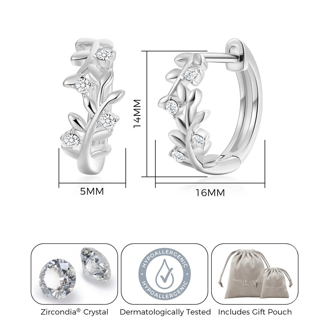 Silver Plated Leaf Hoop Earrings Created with Zircondia® Crystals - Philip Jones Jewellery