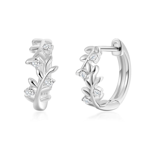 Silver Plated Leaf Hoop Earrings Created with Zircondia® Crystals - Philip Jones Jewellery