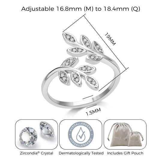 Silver Plated Leaf Ring Created with Zircondia® Crystals - Philip Jones Jewellery