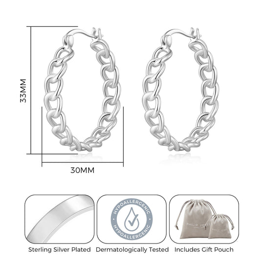 Silver Plated Link Hoop Earrings - Philip Jones Jewellery
